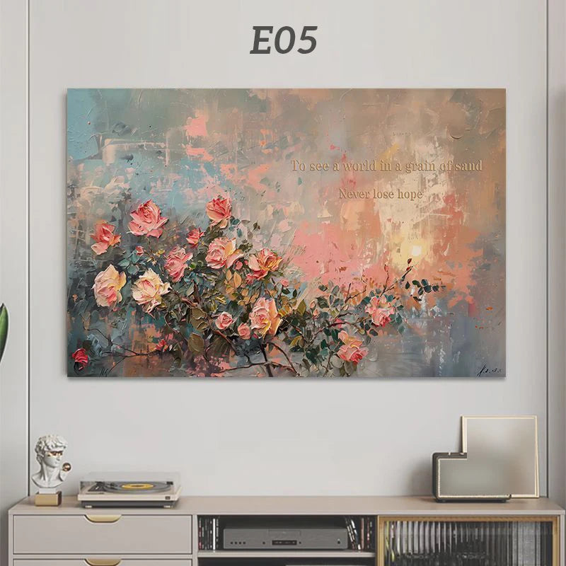 An abstract floral painting featuring soft pink and orange tones on a canvas.
