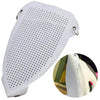 A white universal iron protective cover shield with a perforated surface shown next to its circular view.
