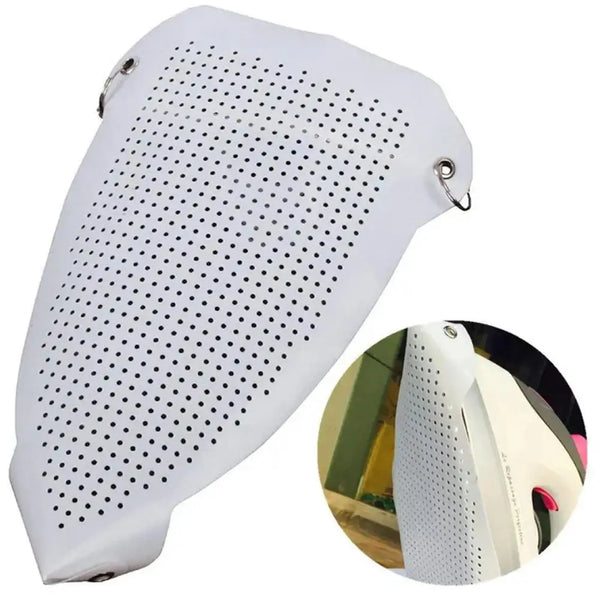 A white universal iron protective cover shield with a perforated surface shown next to its circular view.