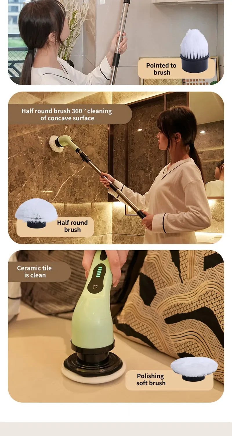 Demonstration of an electric spin scrubber with various brush heads cleaning a ceramic tile surface.