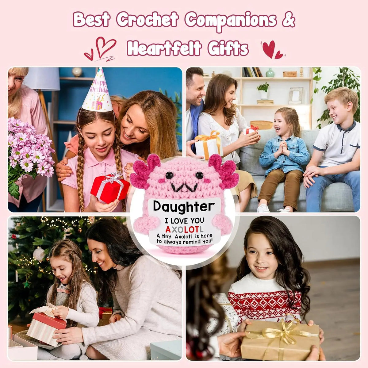 A collection of crochet gifts featuring a pink axolotl figurine and wrapped presents for home decor