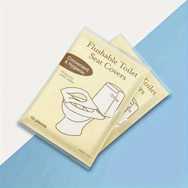 A package of 10 flushable seat covers for public toilets in a light beige plastic wrapper.