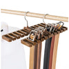 A wooden hanging belt and tie organizer with multiple slots for closet organization.