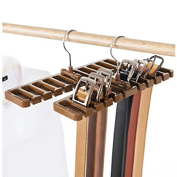 A wooden hanging belt and tie organizer with multiple slots for closet organization.