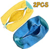 A set of two yellow and blue shoe cleaning brushes and storage bags.