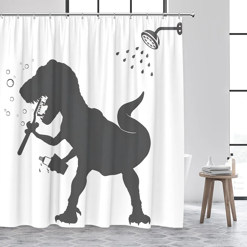 Silueta de cabeza de dinosaurio rociando agua sobre una cortina de ducha.