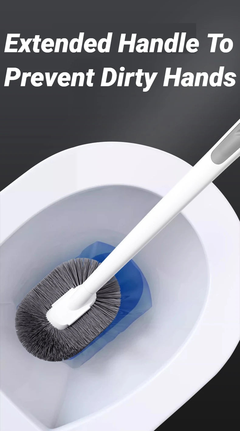 A white toilet brush with an extended handle is shown inside a toilet bowl.
