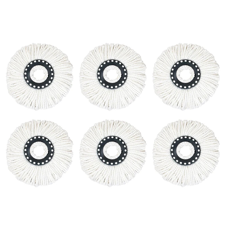 Cuatro cabezales de trapeador de microfibra blancos con detalles negros, vistos desde arriba.