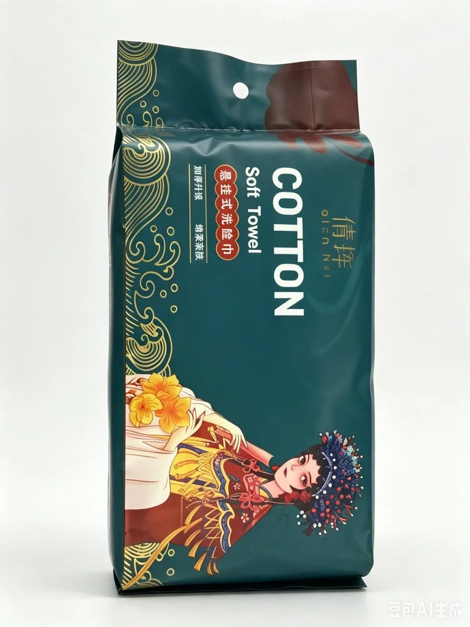 A package of green disposable cotton face towels featuring a floral design and a woman's portrait.
