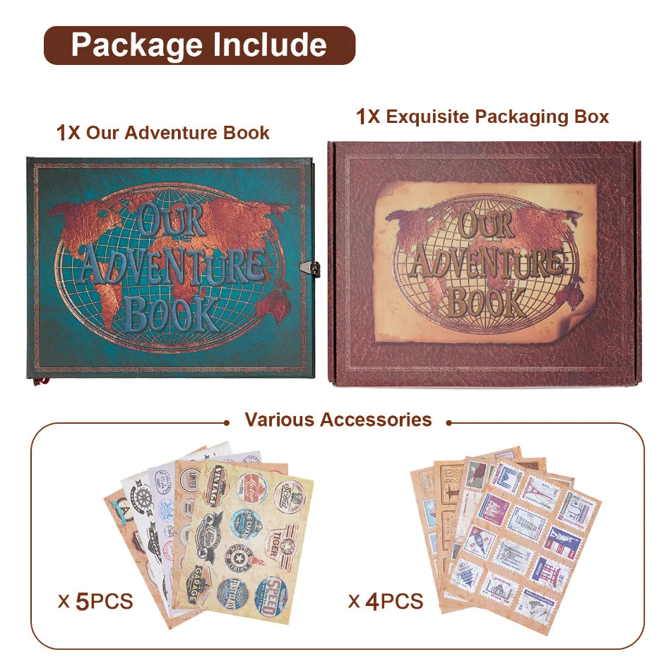 Package includes one adventure book, an exquisite packaging box, and various accessories like photo stickers.