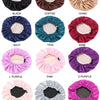 A collection of satin sleep caps in various colors including black, coffee, khaki, navy, teal, wine, pink, purple, and black.