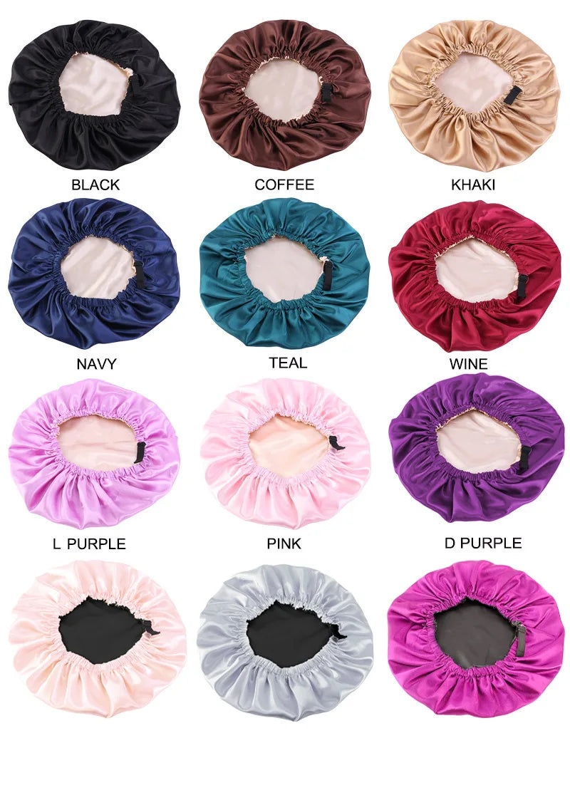 A collection of satin sleep caps in various colors including black, coffee, khaki, navy, teal, wine, pink, purple, and black.