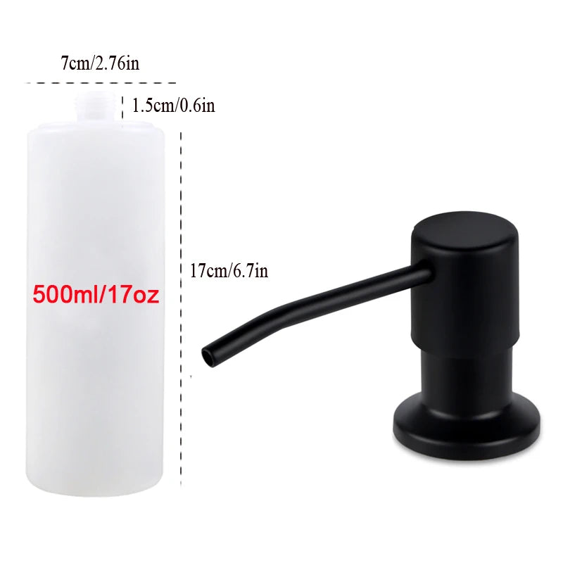 A white under-sink kitchen soap dispenser with a black pump top and measuring markings.