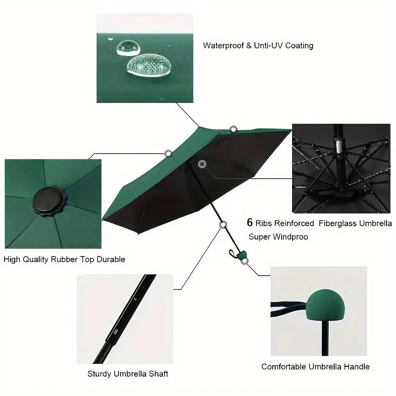 A folding umbrella featuring a waterproof and anti-UV coating, reinforced ribs, and a sturdy shaft.