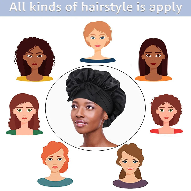 A collection of diverse women's hairstyles and a black satin sleeping cap for women.