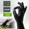 A hand wearing a black diamond textured disposable nitrile glove is shown against a white background.