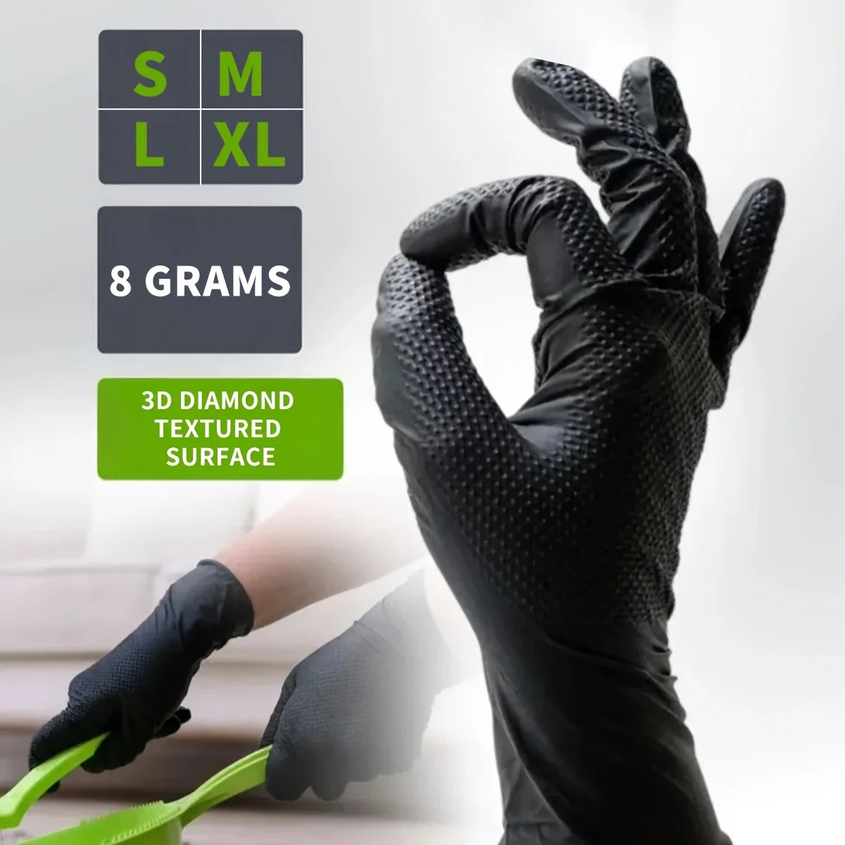 A hand wearing a black diamond textured disposable nitrile glove is shown against a white background.