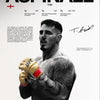A portrait of Tom Aspinall in a fight stance, wearing boxing gloves and displaying intense emotion.