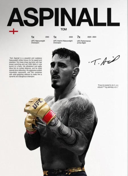 A portrait of Tom Aspinall in a fight stance, wearing boxing gloves and displaying intense emotion.