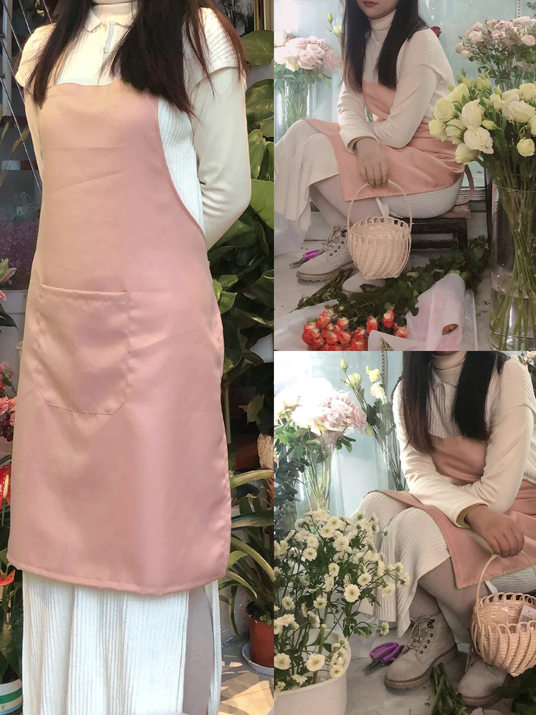 Eine Frau modelliert eine rosa Server-Schürze mit Taschen über einem weißen Oberteil und Rock.