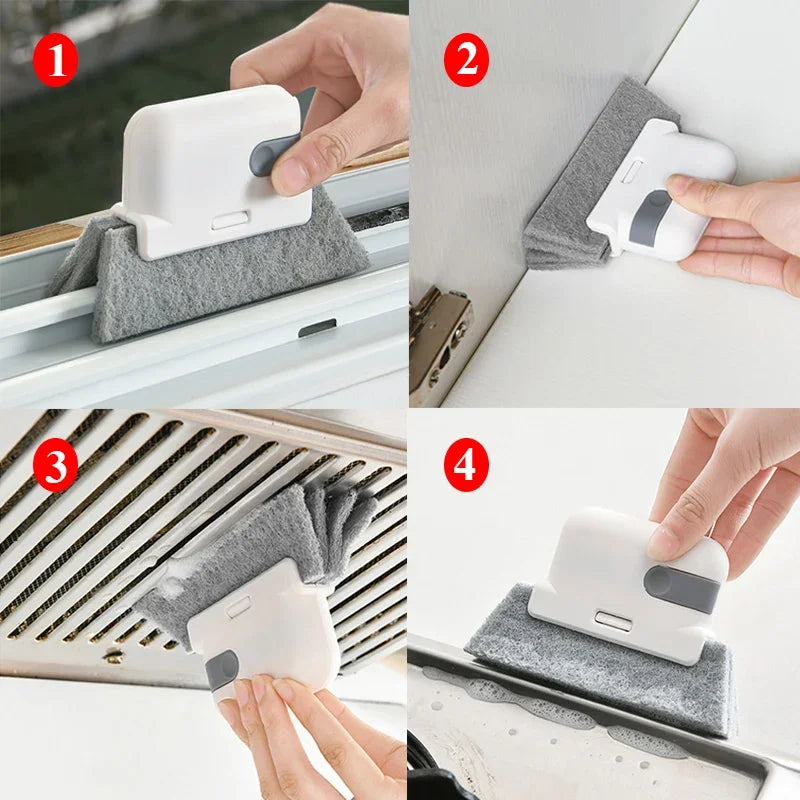 A hand is using a white cleaning brush to clean a window groove, demonstrating its use for track and groove cleaning.