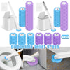 Un jeu de 36 brosses de toilette jetables violettes et bleues pour nettoyer les toilettes.
