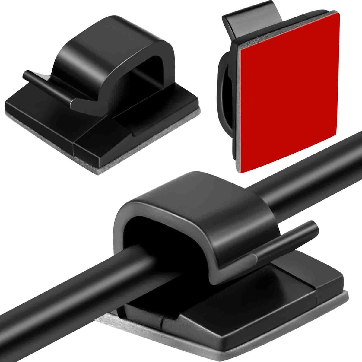Black cable organizer clips and holders with a flexible cable being secured.
