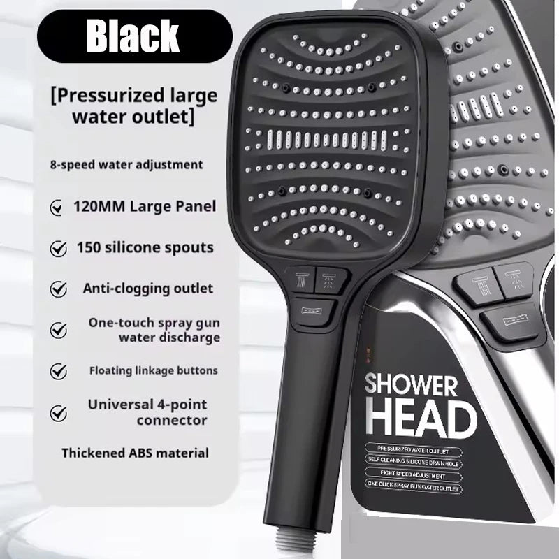 Black pressurized large water outlet shower head with 8-speed adjustment and silicone spouts