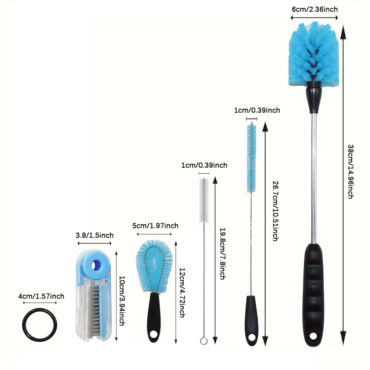 A set of three stainless steel bottle brushes with long handles shown next to various sizes and a circular object.