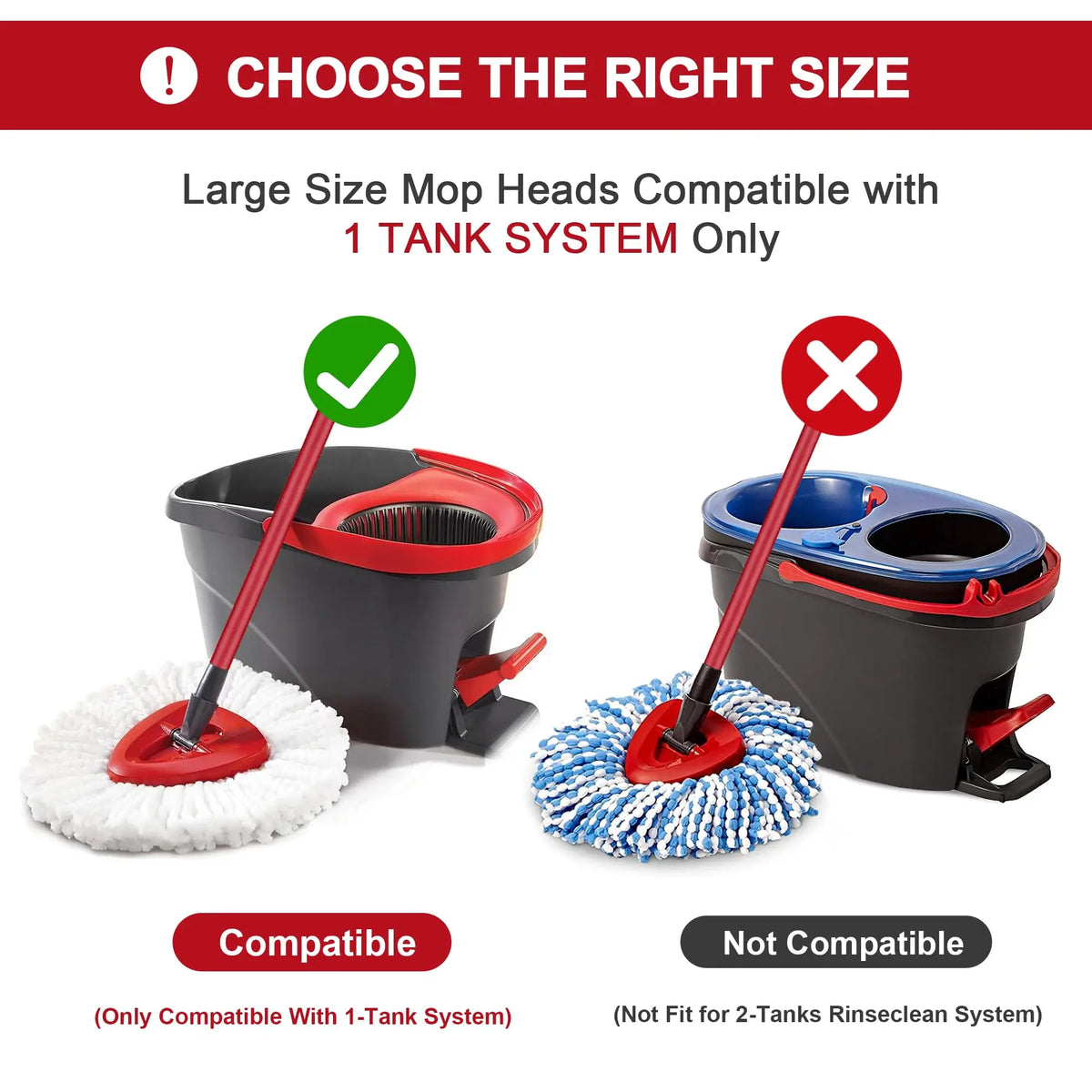 Large size mop heads compatible with a one-tank system, showing both compatible and non-compatible options.