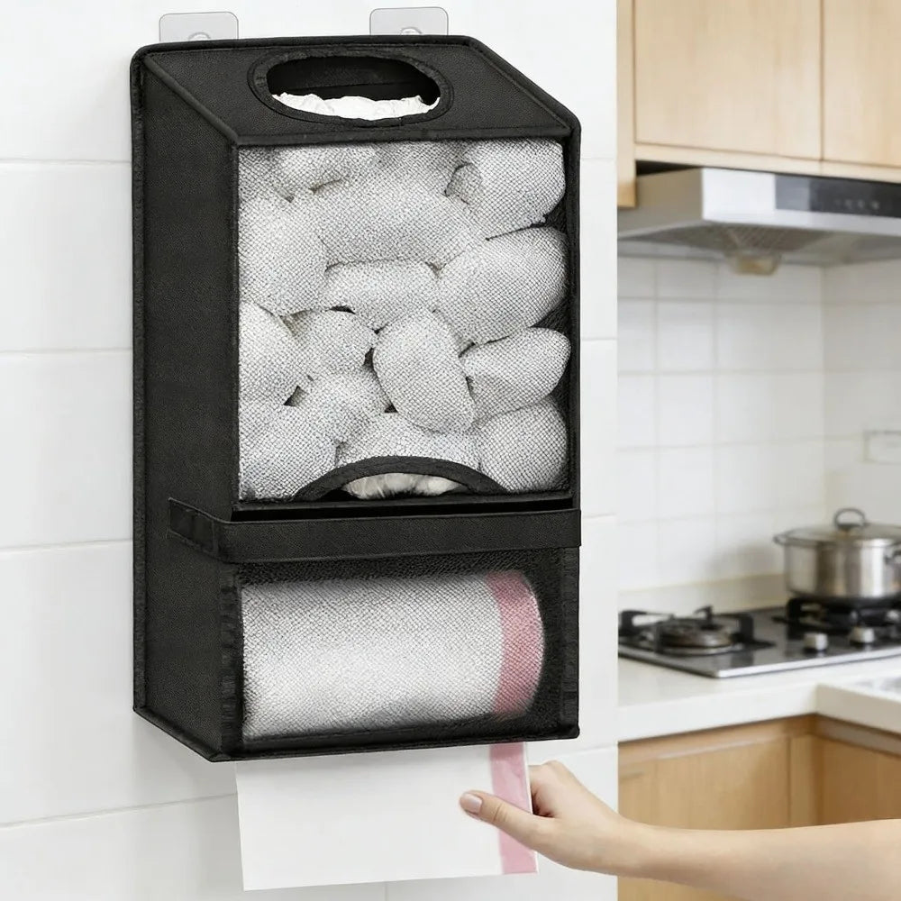 Black mesh shopping bag organizer wall mount with a removable mesh bag for storage.