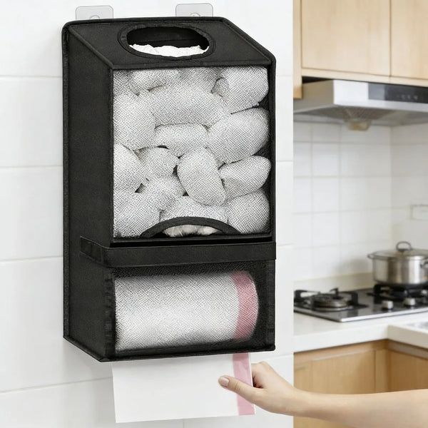 Black mesh shopping bag organizer wall mount with a removable mesh bag for storage.