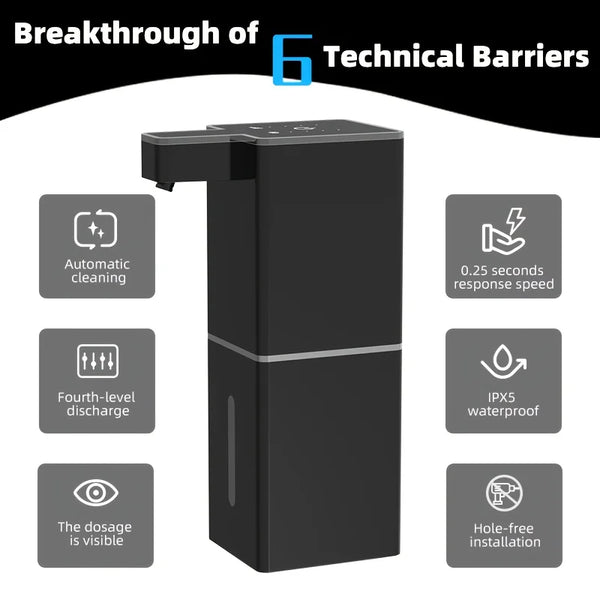 A black wall-mounted touchless automatic soap dispenser showing features like automatic cleaning, fourth-level discharge, IPX