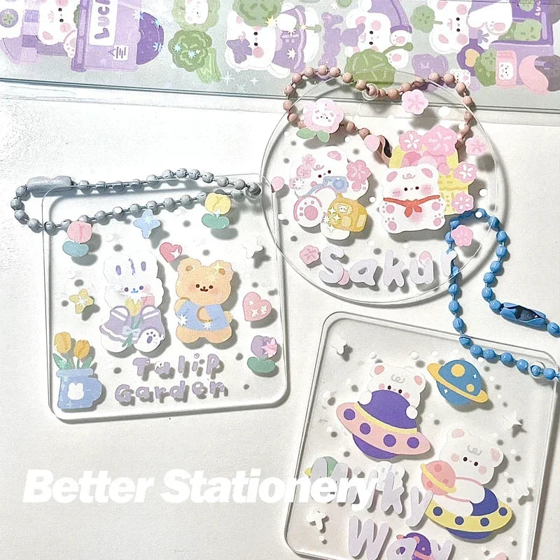 A collection of kawaii DIY stickers featuring cute animals and floral elements on clear sheets.