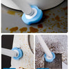 A reusable toilet cleaning brush set is shown cleaning a toilet and a floor drain.
