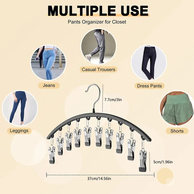 Curved metal hangers with 10 clips used as a pants organizer for closet storage