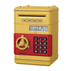 A yellow electronic password piggy bank with a red keypad and numbered buttons.