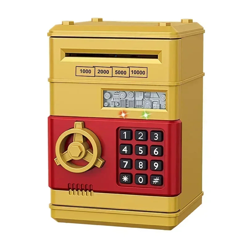A yellow electronic password piggy bank with a red keypad and numbered buttons.