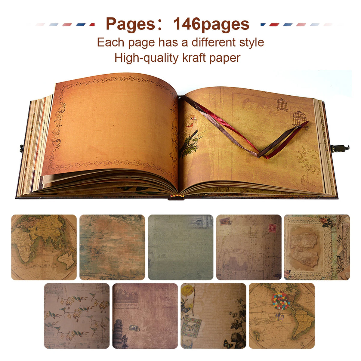 Offenes Scrapbook-Album mit Seiten aus hochwertigem Kraftpapier mit dekorativen Rändern und Text.