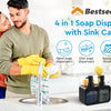 A couple uses a 4 in 1 soap dispenser set with a sink caddy for hand soap, dish soap, sponge, and brush holders.