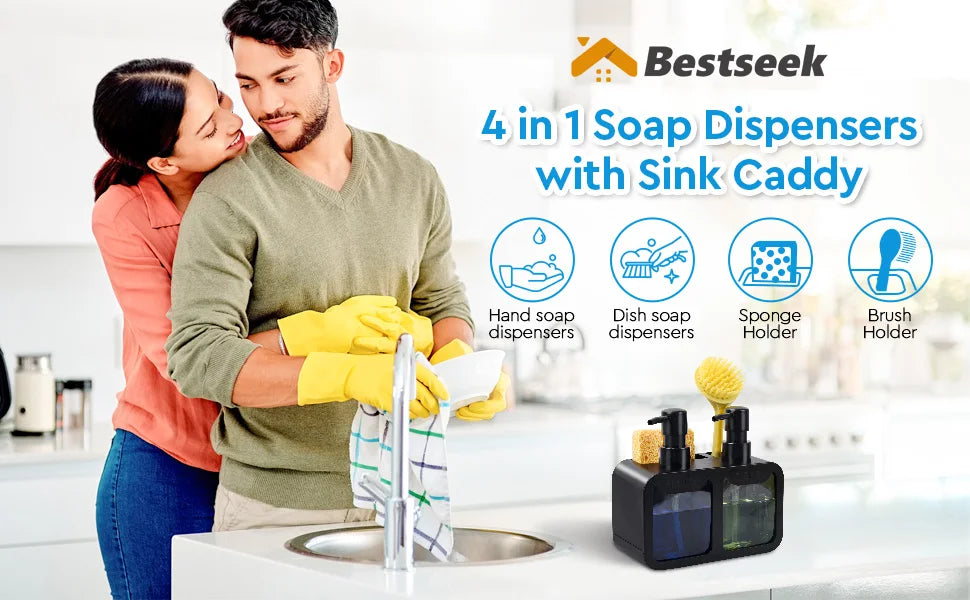 A couple uses a 4 in 1 soap dispenser set with a sink caddy for hand soap, dish soap, sponge, and brush holders.