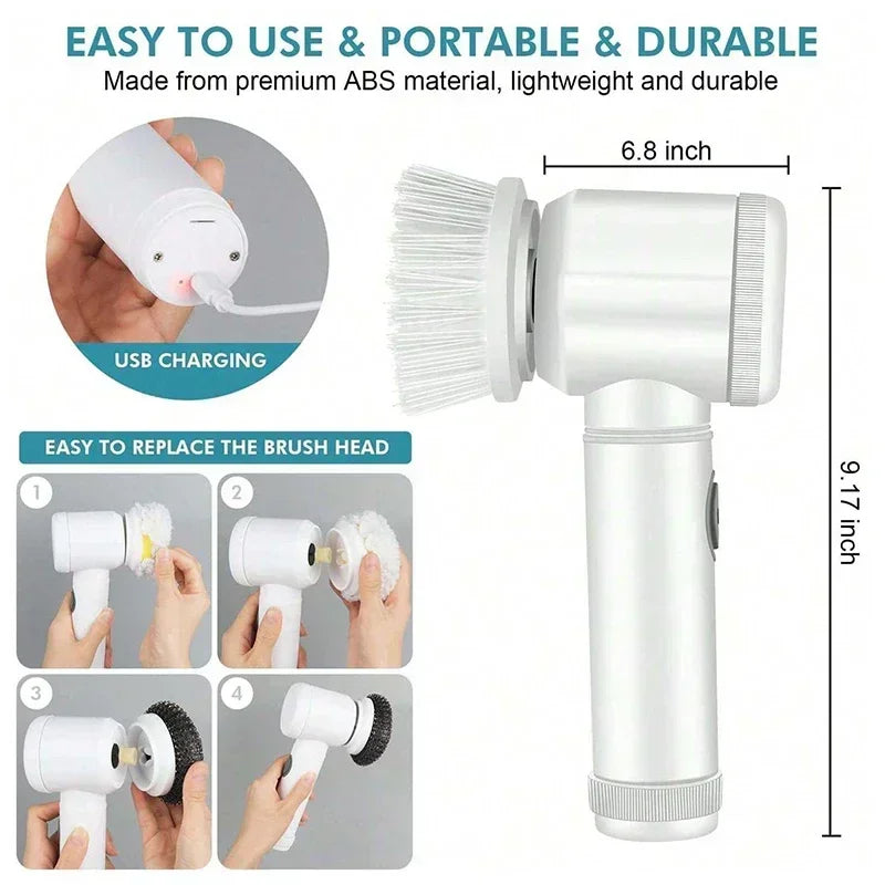 A silver electric spin scrubber with a replaceable brush head and charging cable, shown next to its components.
