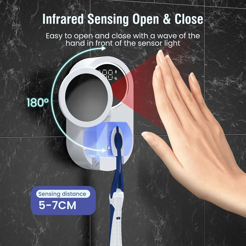An infrared sensing open and close device for a toothbrush dryer, demonstrating 180 degree operation.
