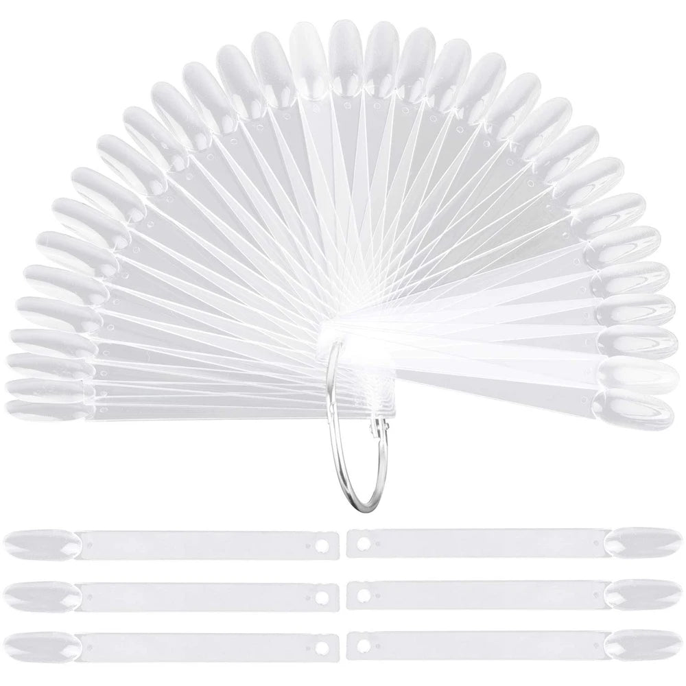 A set of clear false tips for nail art practice, arranged in a fan shape with a hanging loop.