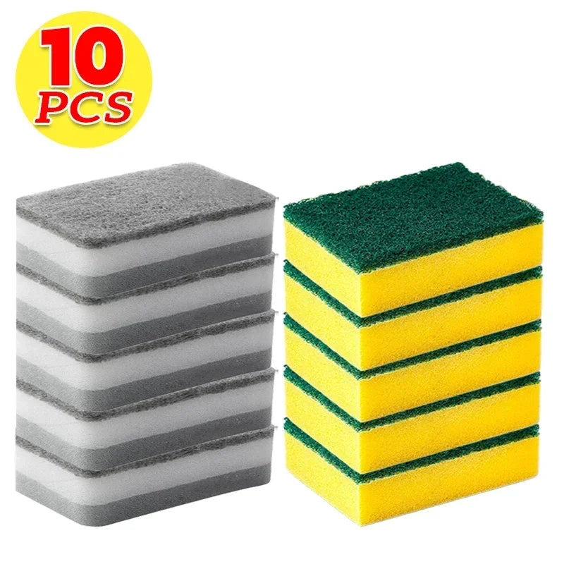 Ten pieces of reusable double-sided kitchen cleaning sponges stacked in gray and yellow.