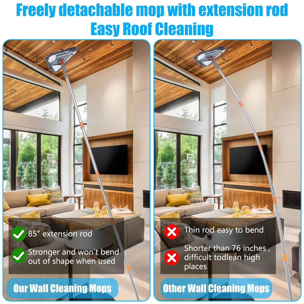 Mopa desmontable con varilla de extensión para fácil limpieza de techos, mostrada en una sala de estar