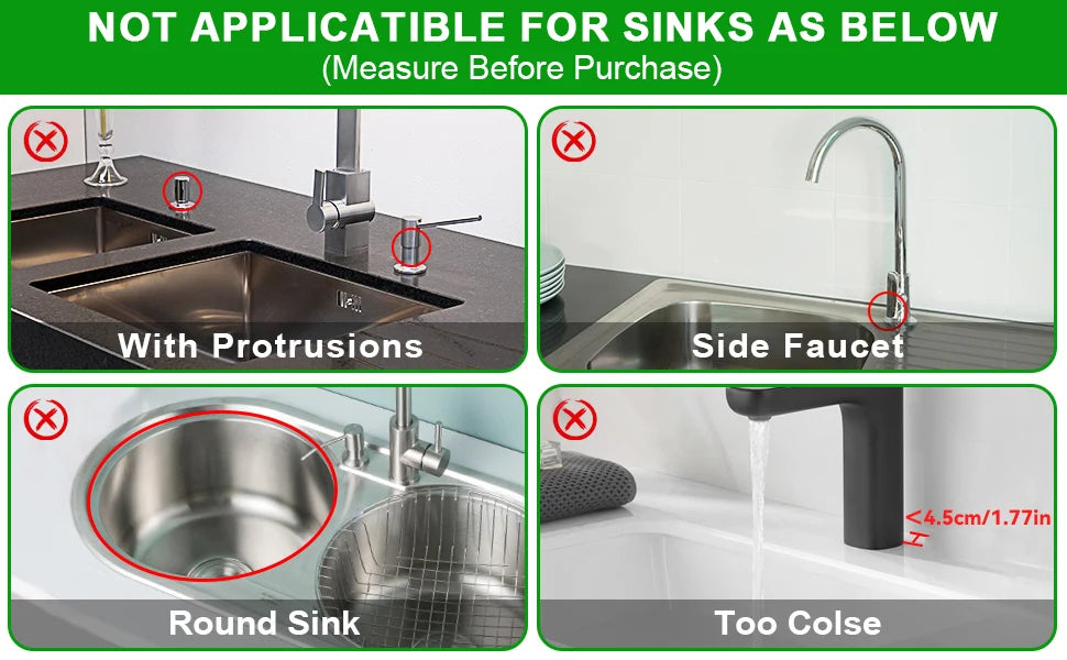 Diagram showing unsuitable sink types for the product including sinks with protrusions, side faucets, round sinks, and too cl