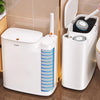 A white Joybos 2-in-1 trash can with an attached toilet brush is shown standing on a tiled surface.