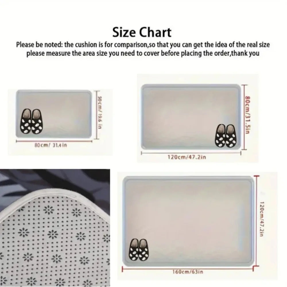 Size chart showing various sizes of a botanical leaf carpet mat for comparison.