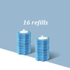 A set of 16 blue disposable toilet brush refills stacked in a cylindrical container.